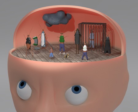 3d illustration of person with other faces like cockroach inside for inner voices and multiply personalities conceptの写真素材