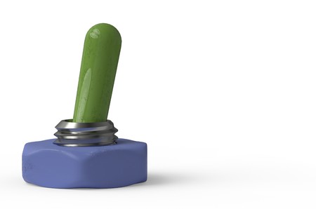 Metallic switch on off position painted green 3d illustration isolatedの写真素材