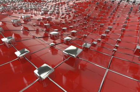 Red wireframe metallic cubes mesh with ball wave landscape abstract background. Big data 3d...
