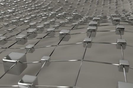 Gray wireframe metallic cubes mesh with ball wave landscape abstract background. Big data 3d illustration.の写真素材