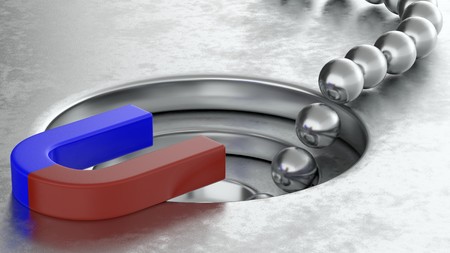 3D rendering of metal balls arrange with magnet and funnel conversion rate concept, 3d illustrationの写真素材