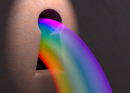 Rainbow thru keyhole in rusted door with light 3d illustrationの写真素材