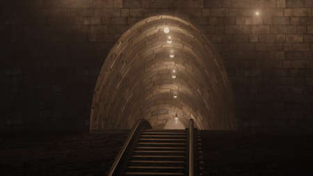 Mining tunnel with lights and rails 3d illustrationの写真素材