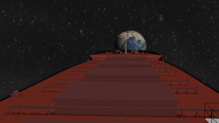Bulk Carrier big cargo ship flying to planet Earth isolated 3d renderingの写真素材