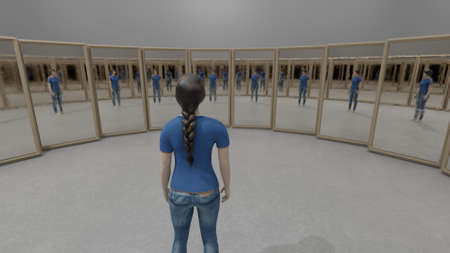 illustration woman reflecting himself in the mirrors, surreal concept 3d renderの写真素材