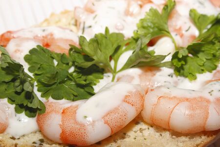 Panini Rustico with herb butter and shrimps, garnished with parsley and dill sauceの写真素材