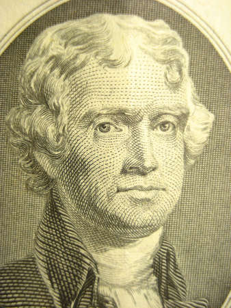 Macro shot of Thomas Jefferson on two dollar bill.の写真素材