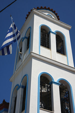 Ortodox church at Loutraki,Greek port on Skopelos islandの写真素材