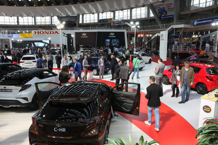 BELGRADE,SERBIA-MARCH 29,2017:Stands and exhibits  at 53th International Belgrade Car Showのeditorial素材