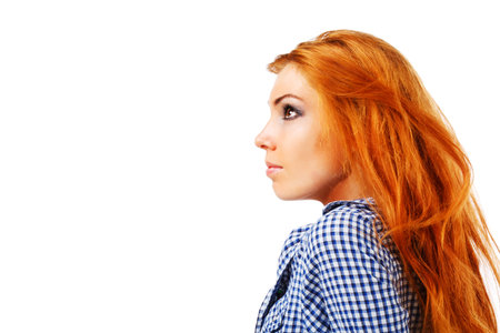 Picture of a attractive young girl in shirt on white backgroundの写真素材