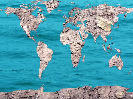 conceptual photo manipulation of a global map of dry and flooded earth to depict results of global...