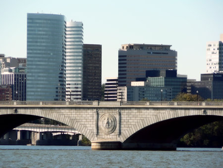 photo of the Memorial Bridge o Washington, D.C. with the skyline o Roslyn, VA in the backgroundの写真素材