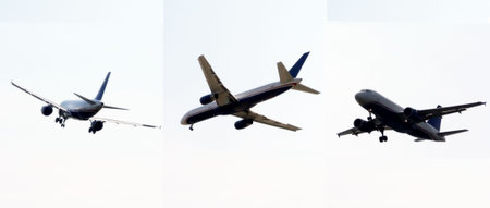 three isolated views of a airplane in a landing patternの写真素材