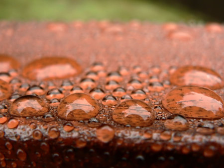 photo of raindrops beading on a water proofed deckの写真素材