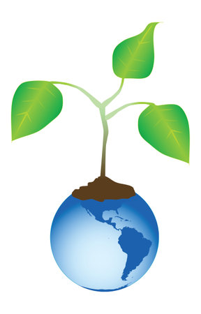 a green conceptual vector illustration of a tree sapling sprouting out of planet earth to represent growth and a clean environment.のイラスト素材
