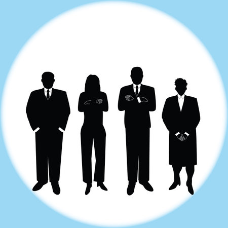 computer drawn vector illustration of a diverse group of business people in various poses. Each image is grouped individually for easy layout manipulation.のイラスト素材