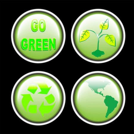 four separately grouped green ecology buttons with icons to promote a clean environmentのイラスト素材