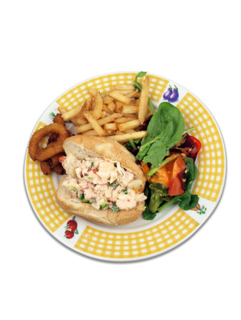 a new england style lobster roll sandwich meal with sides of french fries, onion ring, and salad on a white background with copy spaceの写真素材