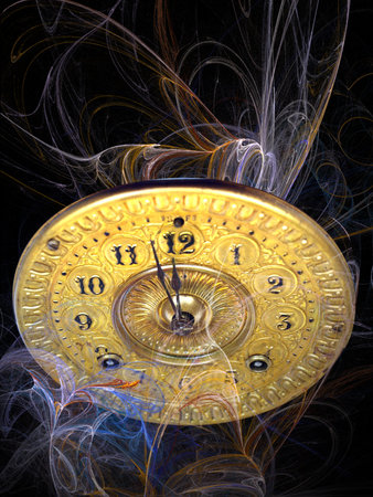 Close up of the minute hand of a antique clock face about to strike 12 o-clock midnight to start the...
