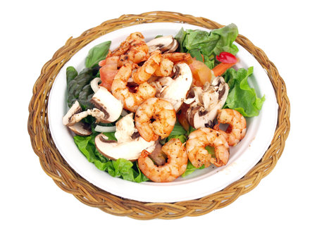 salad of shrimp, lettuce, tomato. onion, pepper and mushroomの写真素材