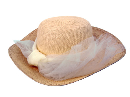 natural colored vintage straw hat isolated on white backgroundの写真素材
