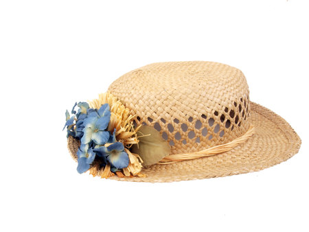 natural colored vintage straw hat isolated on white backgroundの写真素材