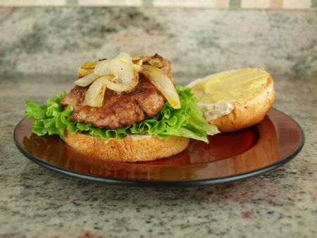 a burger sandwich with lettuce, onion, and mustard on a plate ready to be eatenの写真素材