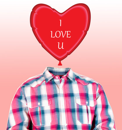 funny photo manipulation of a man's body with a heart balloon as his headの写真素材