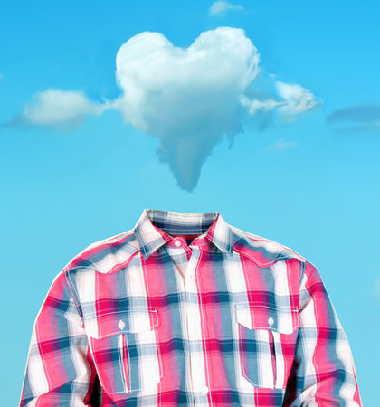 funny photo manipulation of a man's body with a heart shaped cloud as his headの写真素材