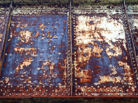 close up photo of painted distressed metal of a bridgeの写真素材