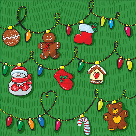 Hand draw set of christmas decoration with bear, ball, mitten, gingerbread and more with green patternの写真素材