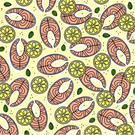 Fish and lemon pattern hand draw illustrationのイラスト素材