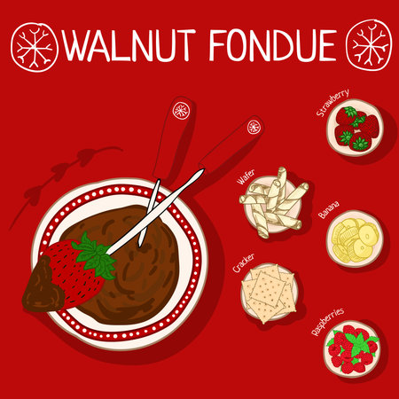 Recipe for walnut fondue with ingredients hand drawの写真素材