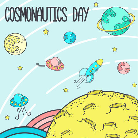 Cosmonautics day poster and hand draw doodleのイラスト素材