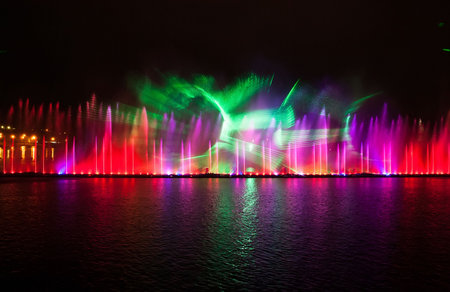 laser, a light show on the water. Musical Fountain 'Roshen' Vinnitsa, Ukraine.の写真素材