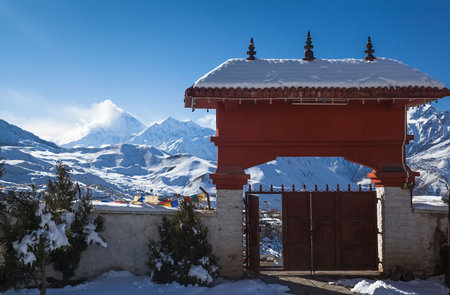 entrance gate to muktinath temple, annapurna, nepalの写真素材