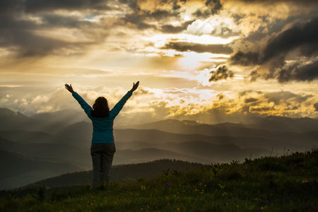 Freedom, girl, mountains, sunset, beautiful scene