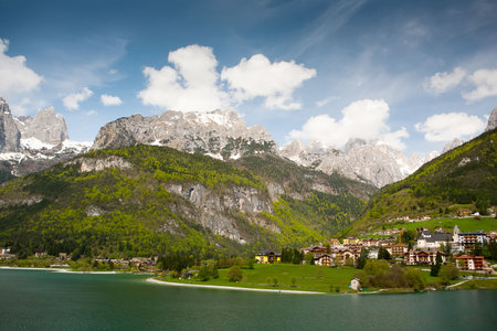 view of molveno lake on italian alpsの写真素材