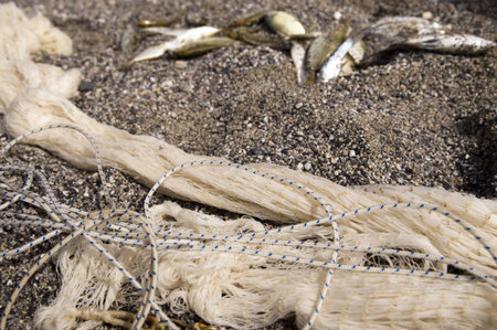 kapron fishing net on the sandの写真素材