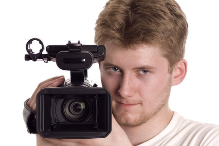 video operator with camcorder isolated on white