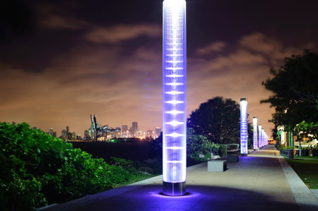 purple lamps in night park in Miami