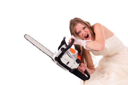 bride with saw isolated on whiteの写真素材
