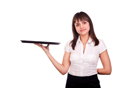 young pretty waitress with tray isolated on whiteの写真素材