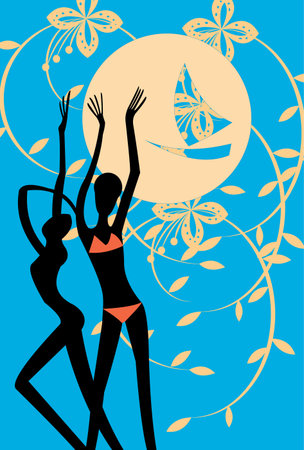 vector image of silhouette of two dancing girlのイラスト素材
