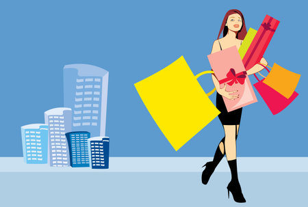 vector image of pretty woman with presents after shoppingのイラスト素材