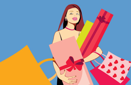 vector image of pretty woman with presents after shopping isolated on blueのイラスト素材