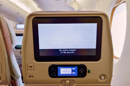 BANGKOK, THAILAND - SEPTEMBER 09, 2015: Emirates Airbus A380 aircraft interior. Emirates handles major part of passenger traffic and aircraft movements at the airport.のeditorial素材