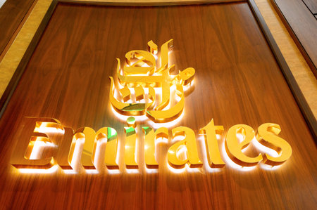 DUBAI - SEPTEMBER 08, 2015: Emirates business class lounge interior. Emirates is the largest airline in the Middle East. It is an airline based in Dubai, United Arab Emirates.のeditorial素材