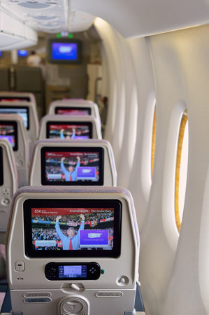 BANGKOK, THAILAND - SEPTEMBER 09, 2015: Emirates Airbus A380 aircraft interior. Emirates handles major part of passenger traffic and aircraft movements at the airport.のeditorial素材