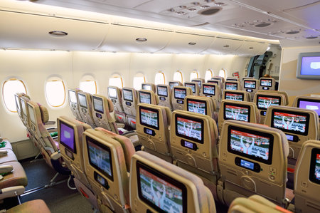 BANGKOK, THAILAND - SEPTEMBER 09, 2015: Emirates Airbus A380 aircraft interior. Emirates handles major part of passenger traffic and aircraft movements at the airport.のeditorial素材